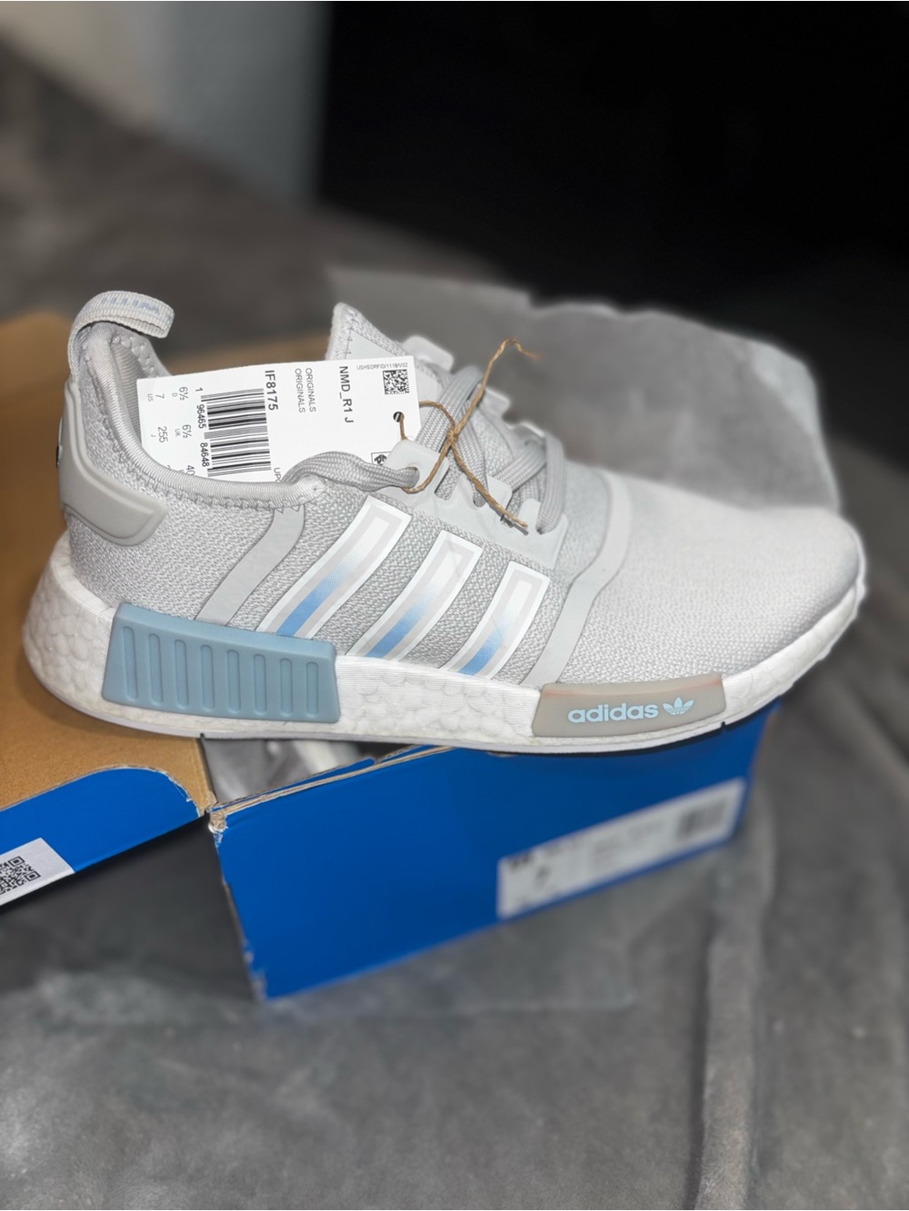 adidas Kids NMD_R1 Sneakers in Light Gray with Pale Blue Accents